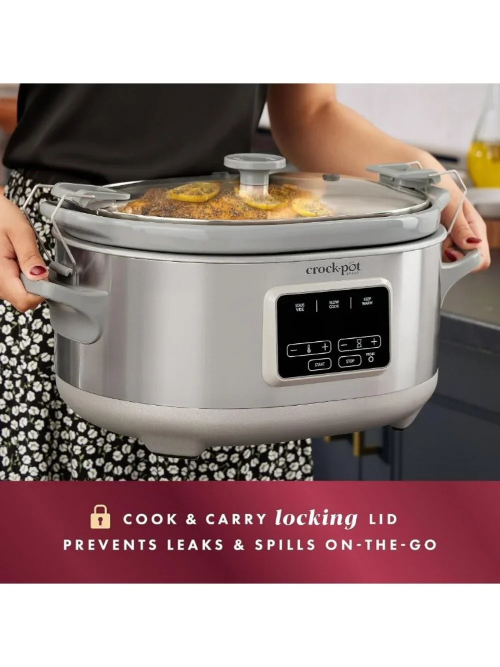 Family-Sized 7-Quart Slow Cooker with Sous Vide, Digital Display & Locking Lid